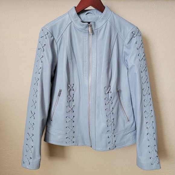 Neiman Marcus Light Blue Leather Lace-Up Moto Leather Jacket - Picture 2 of 16